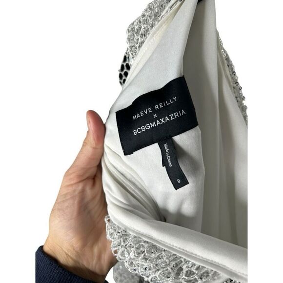 Maeve Reilly x BCBGMAZAZRIA Silver Asymmetrical Mini Dress Size 0 Puff Sleeve - Picture 7 of 12